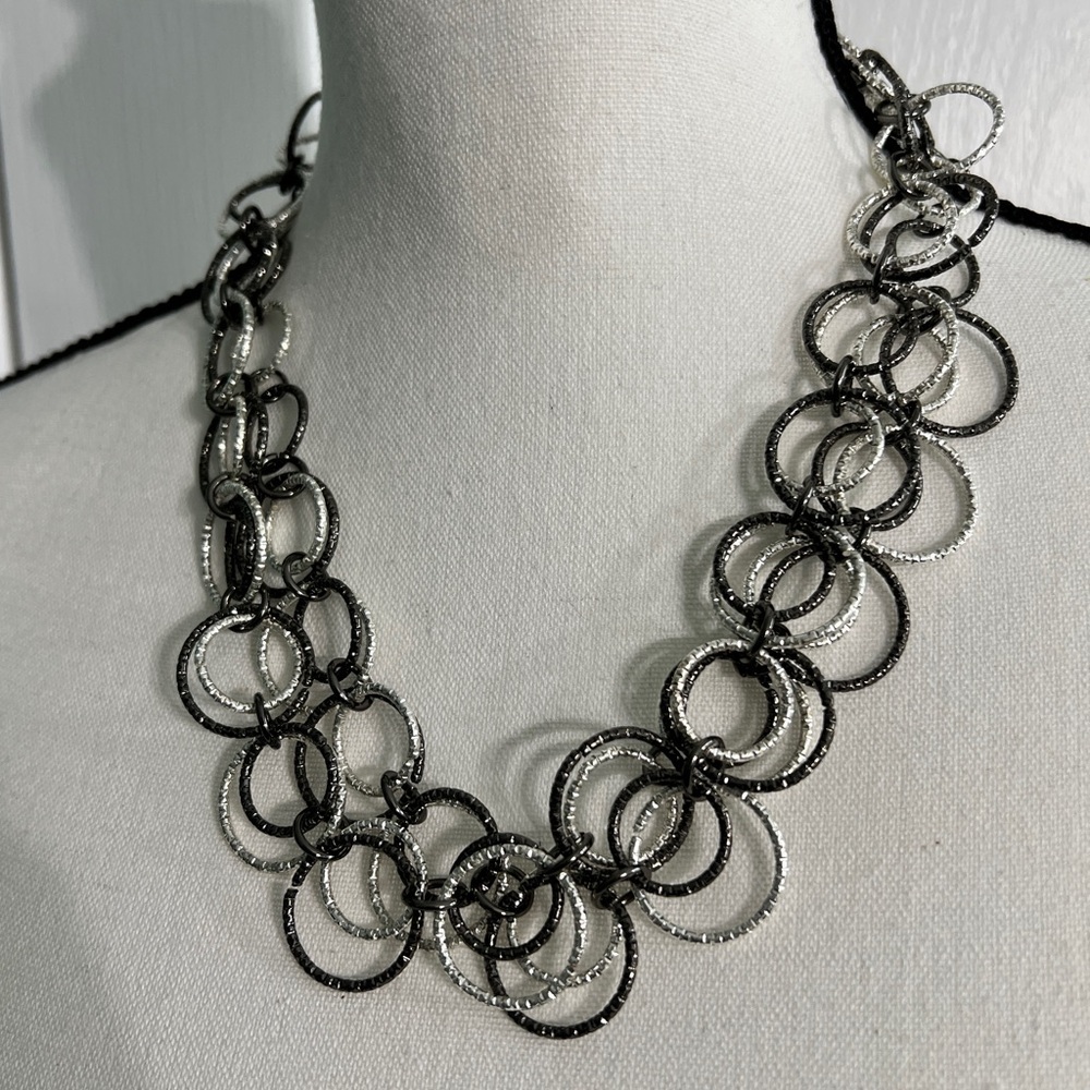 Elegant Silver and Black Chain Link Necklace, approx. 39”